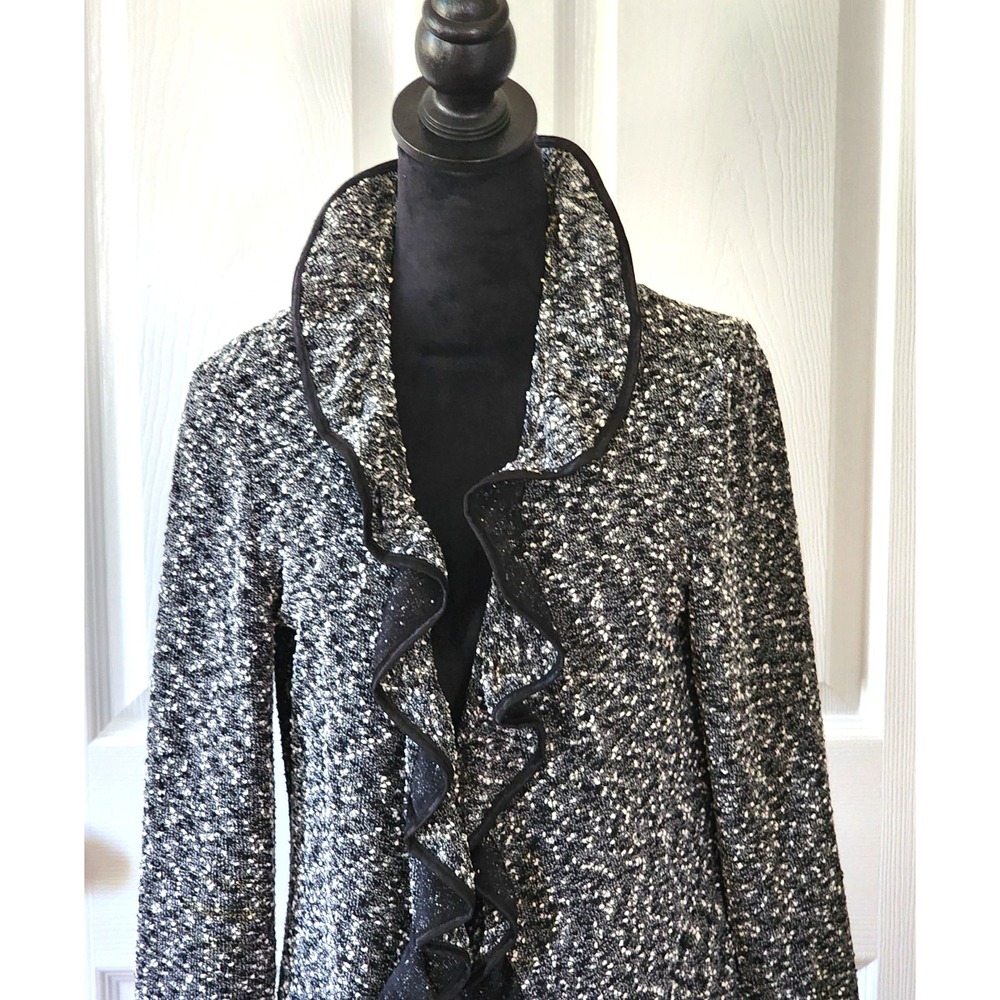 Joseph Ribkoff Jacket Lightweight Blk & Wht Tweed Ruffled Collar to Hem - Picture 4 of 15